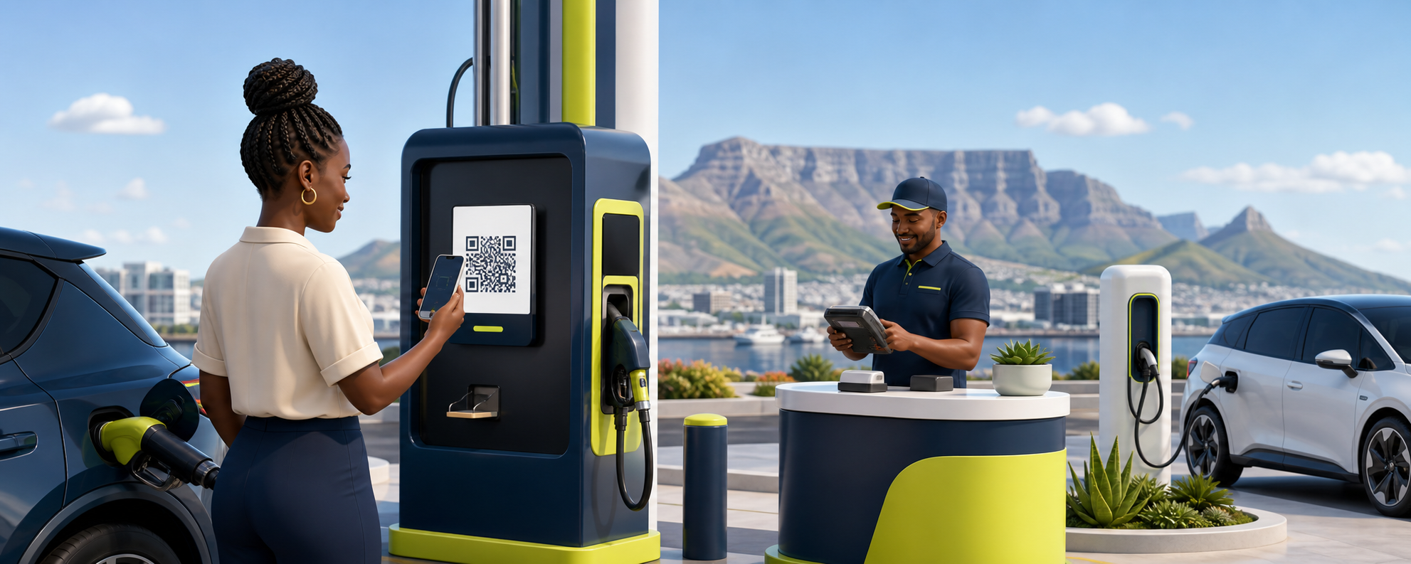 A future FuelMeUp fuel station in Cape Town, with QR payment, retailer POS and EV charging